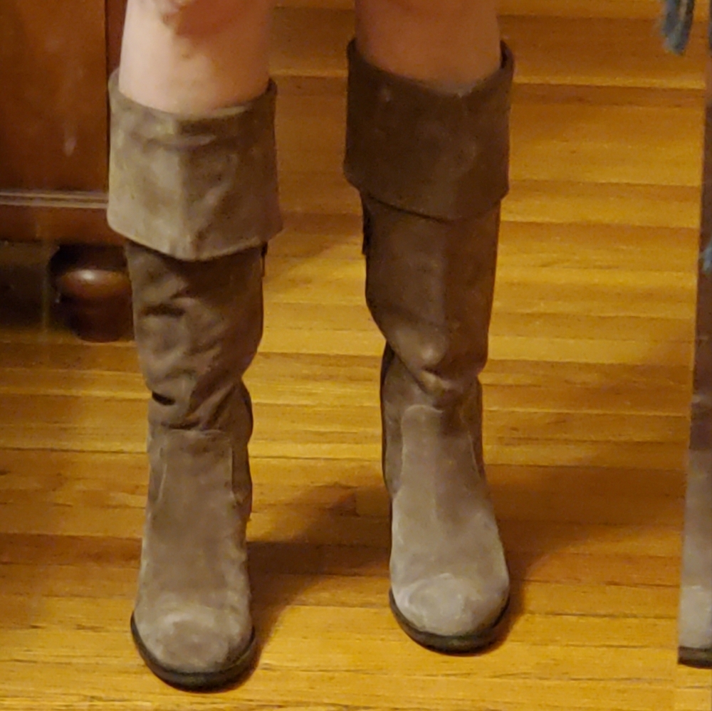 Migliorini suede chunky heel boots with zipper and fold over top